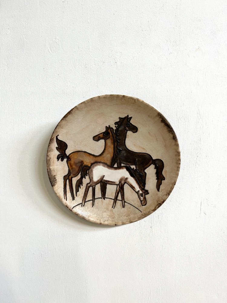 Vintage German large ceramic wall hanging plate with horses by Ruscha 1970s