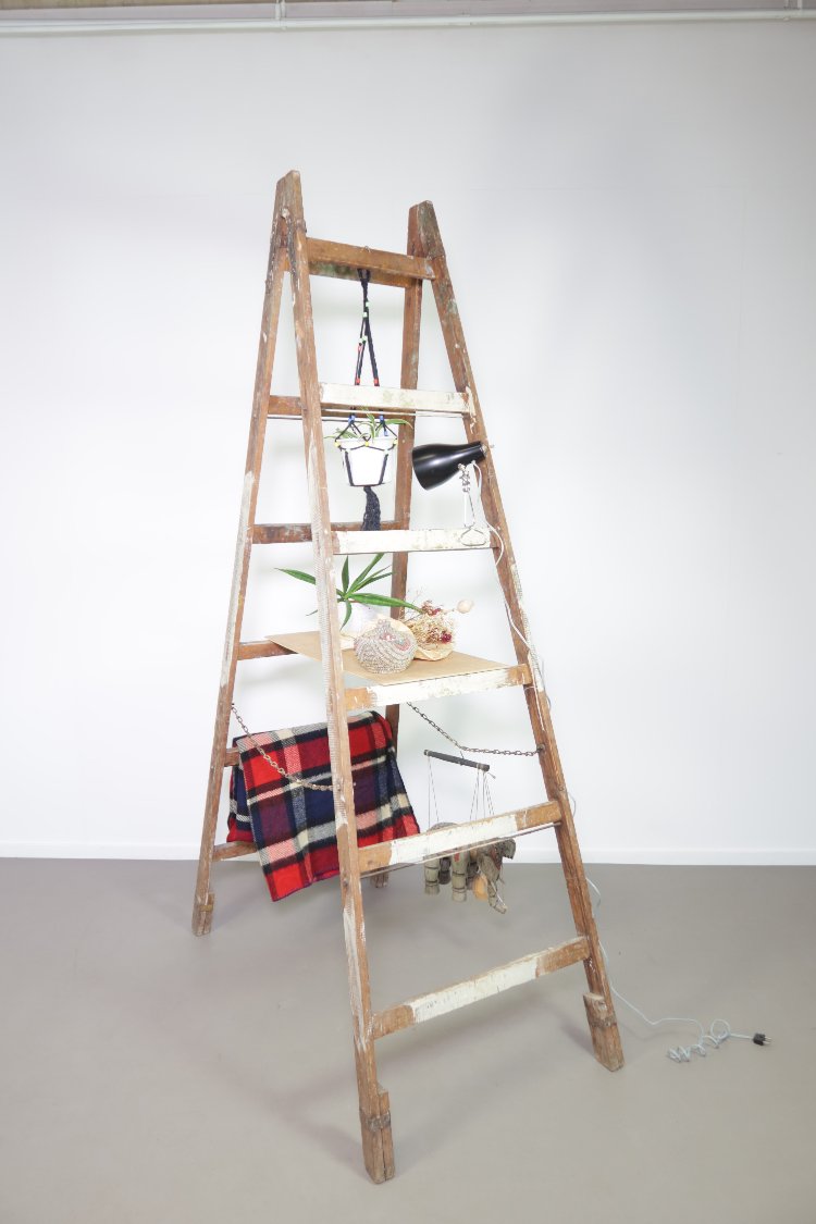 Vintage Czech Republic double sided wooden step ladder 1960s