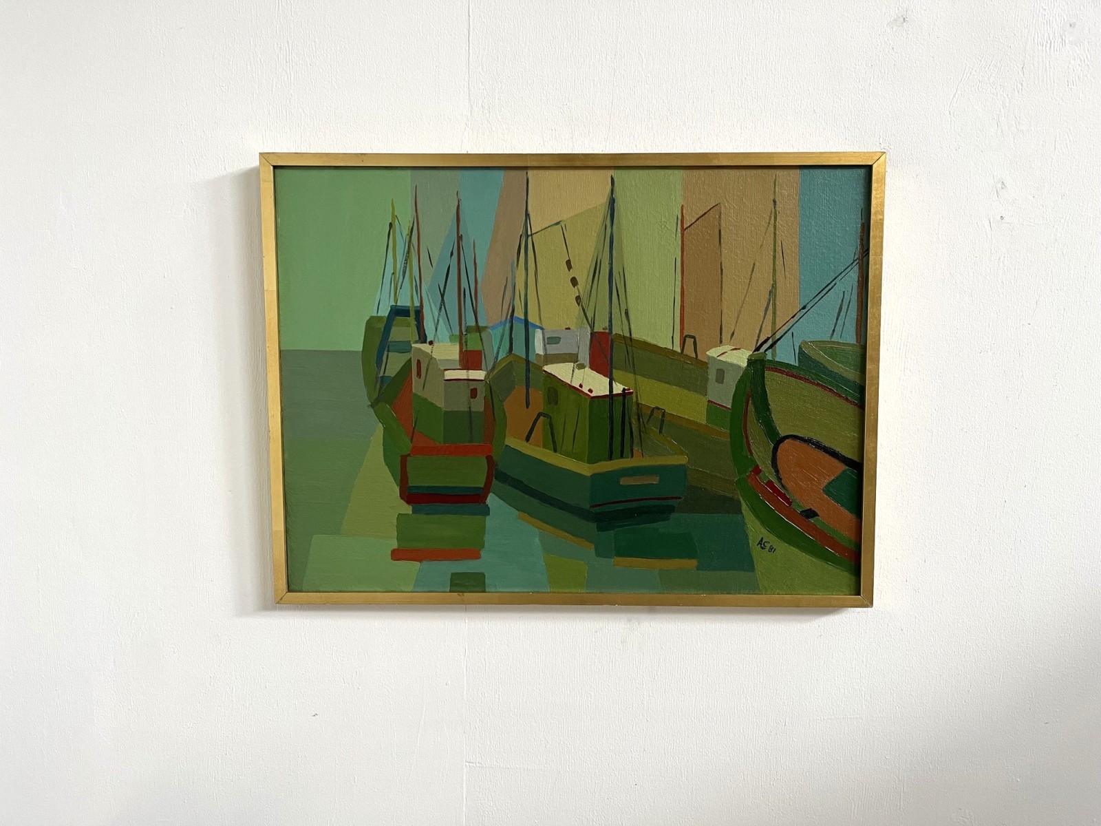 French oil painting Les Bateaux Verts by Andrè Corbières, 1981