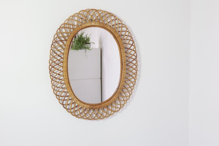 Mid-Century modern oval rattan mirror by Franco Albini for Bonacina 1960s