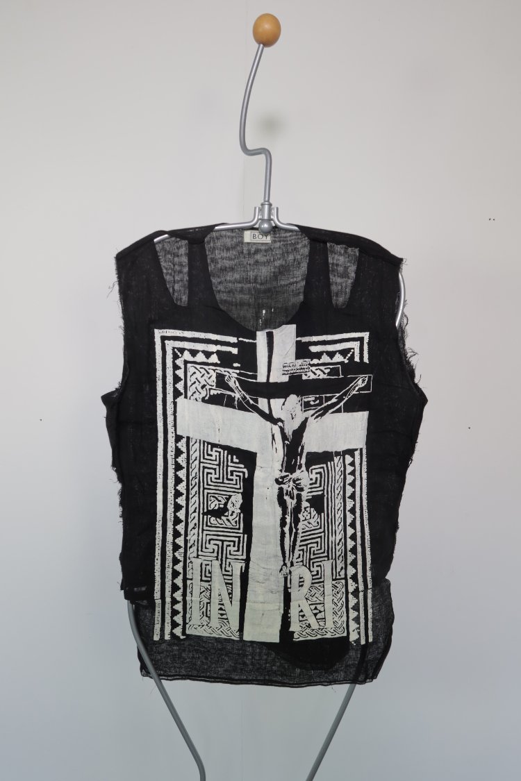 Vintage BOY London punk INRI Jesus on a cross muslin shirt by Vivienne Westwood 1980s