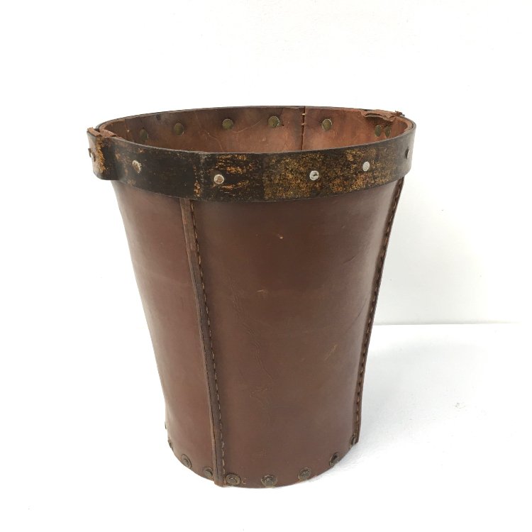 20th Century thick leather waste paper basket 1930s
