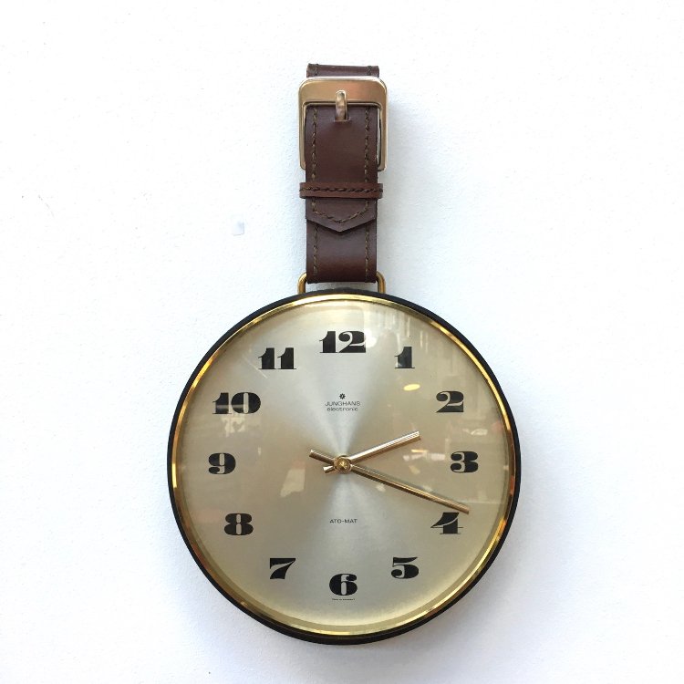 20th Century battery operated brass and leather wall clock by Junghans 1960s