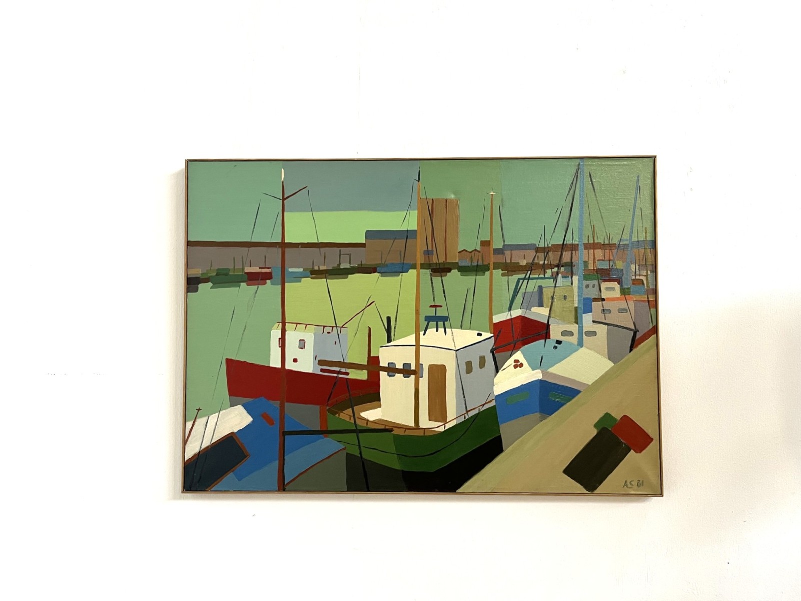French oil painting 'Bateaux Port de Dieppe' by André Corbières, 1981