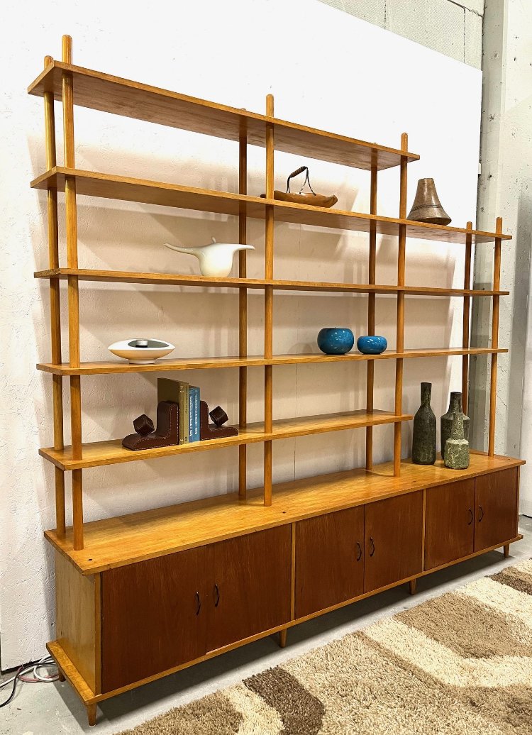 Dutch vintage design wooden sticks shelves cabinet 1960s