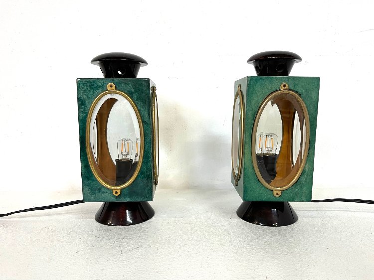 Mid-Century green lacquered goatskin lantern table lamps by Aldo Tura 1960s