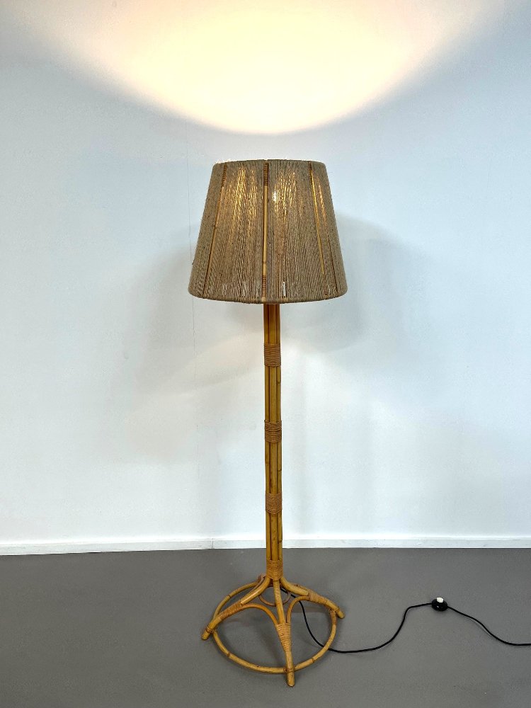 Mid-Century Italian bamboo floor lamp with rope shade, 1960s