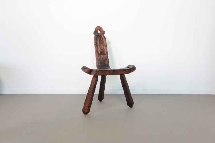 20th Century hand carved brutalist Spanish tripod chair 1960s