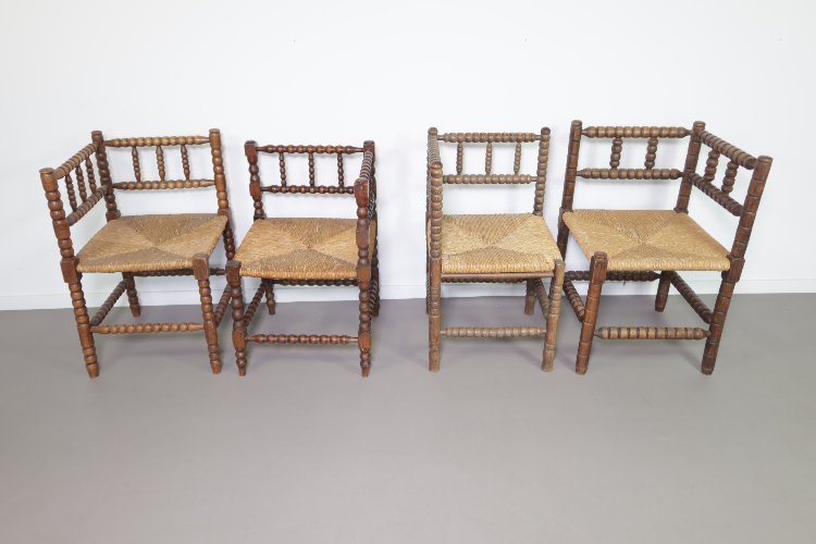 20th Century Dutch oak bobbin turned wood corner chairs 1940s