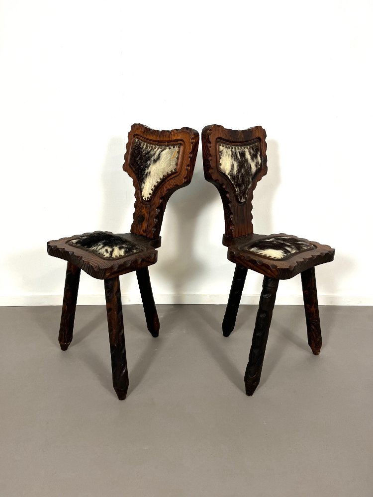 20th Century hand carved brutalist Spanish tripod chairs 1960s