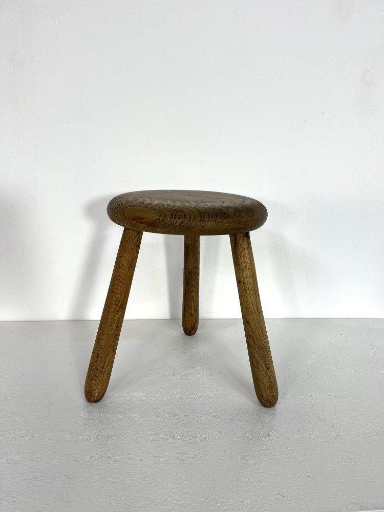 20th century French solid oak tripod stool 1960s