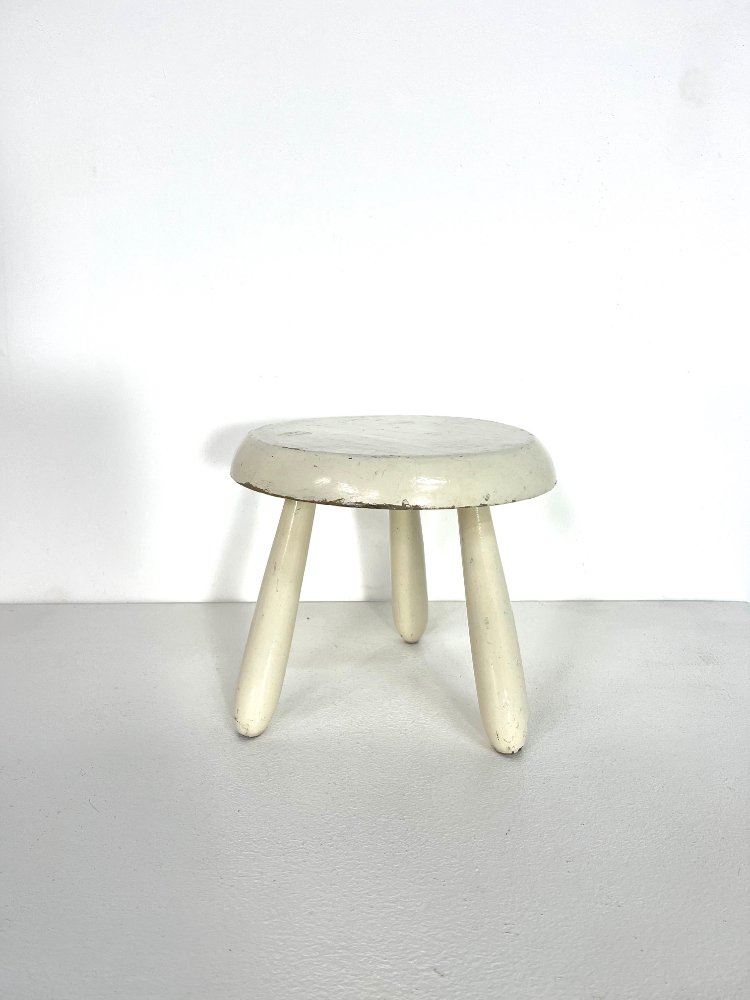 Mid-century French modern white wooden tripod stool 1950s