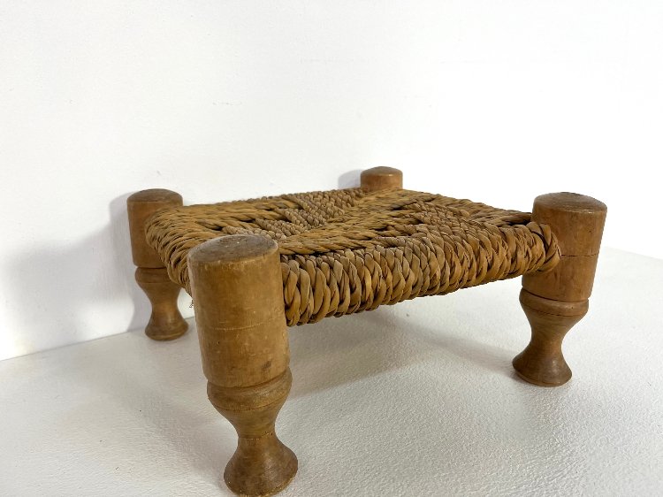 20th-Century wooden footstool with cane rope 1960s