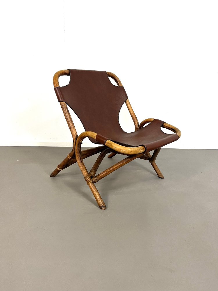 Vintage design bamboo lounge chair with brown skai seat 1960s