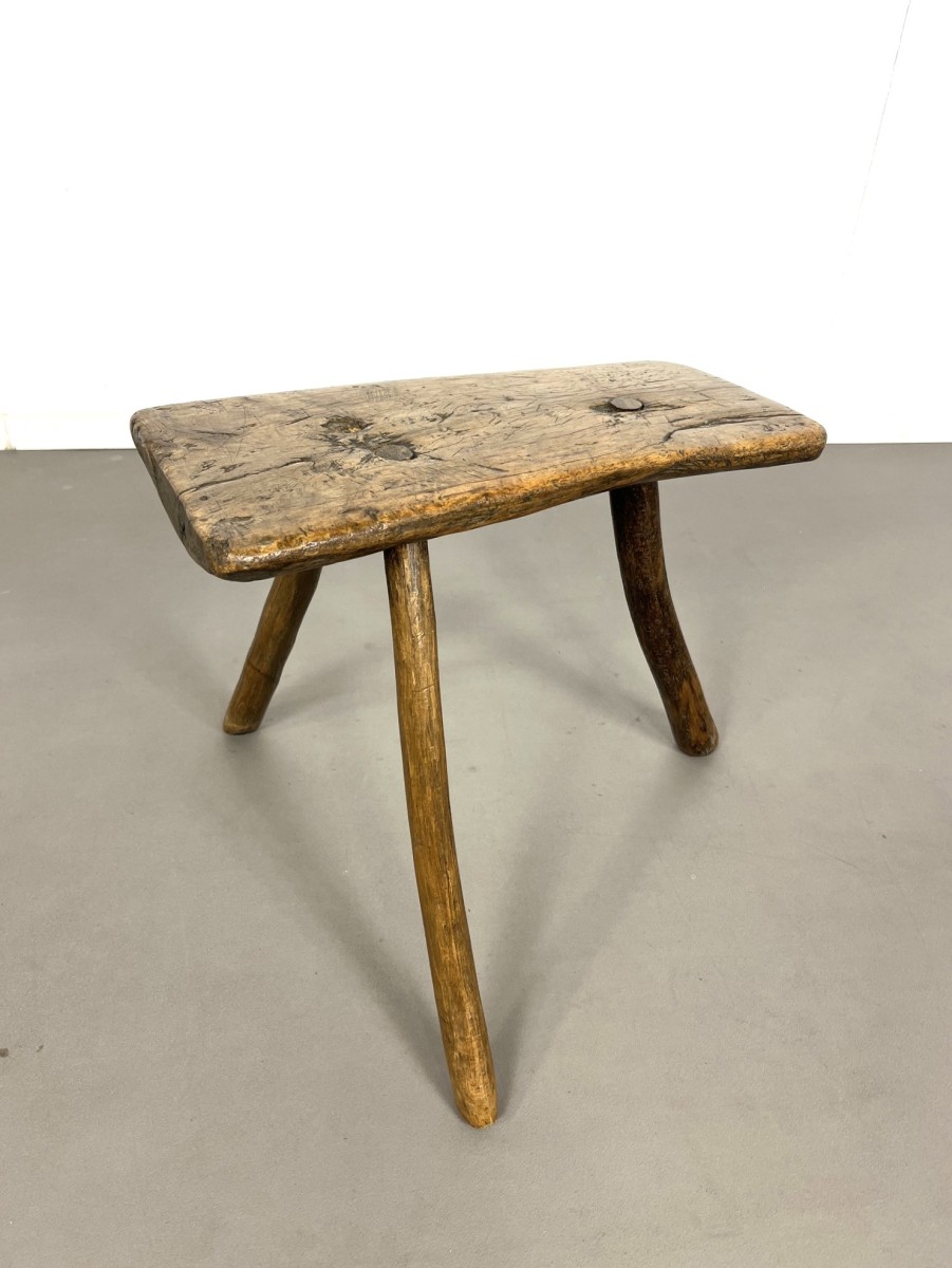 Antique rustic oak tripod stool, France 1920s