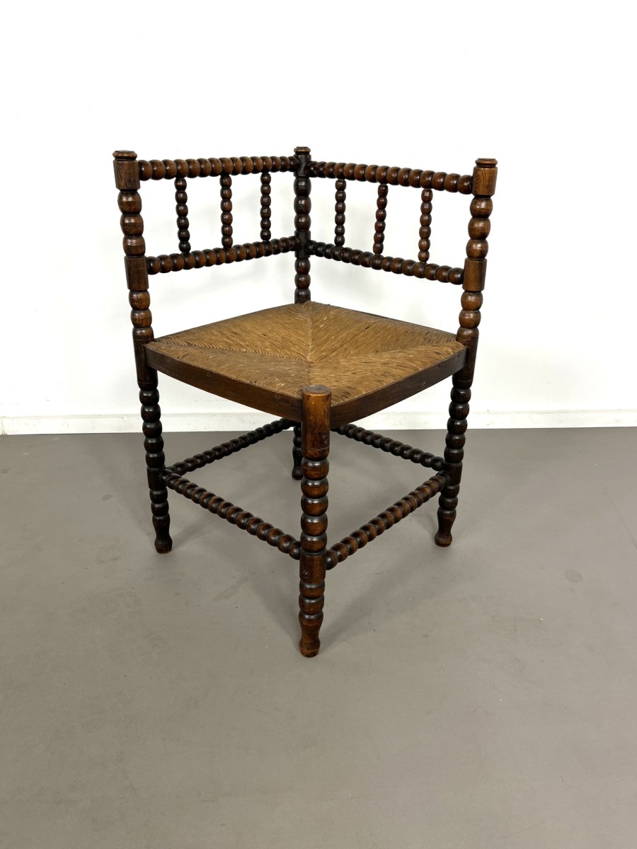 Antique Dutch bobbin corner chair with rush seat, 1920s
