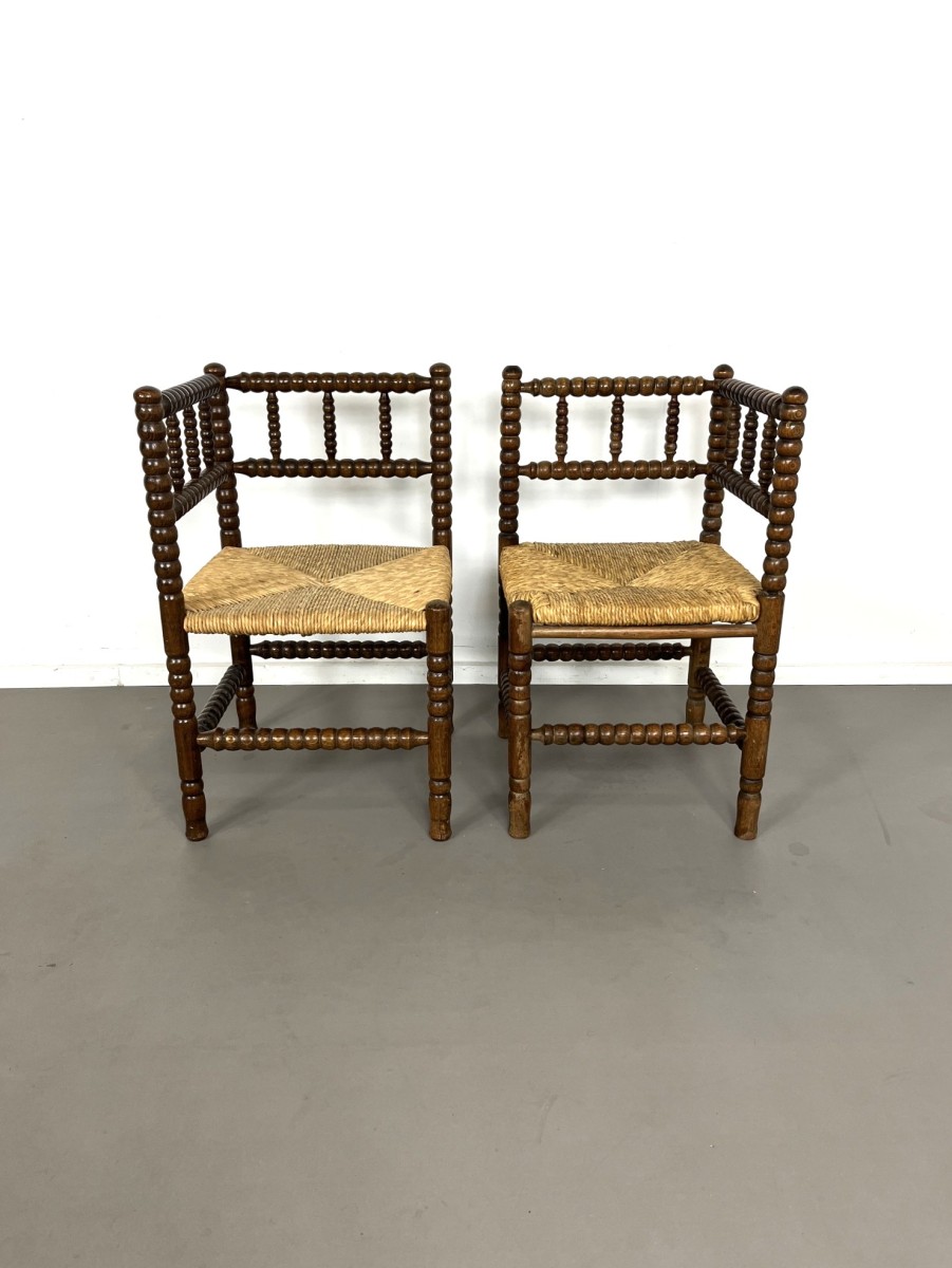 Mid-century Dutch bobbin corner chairs with rush seats, 1960s