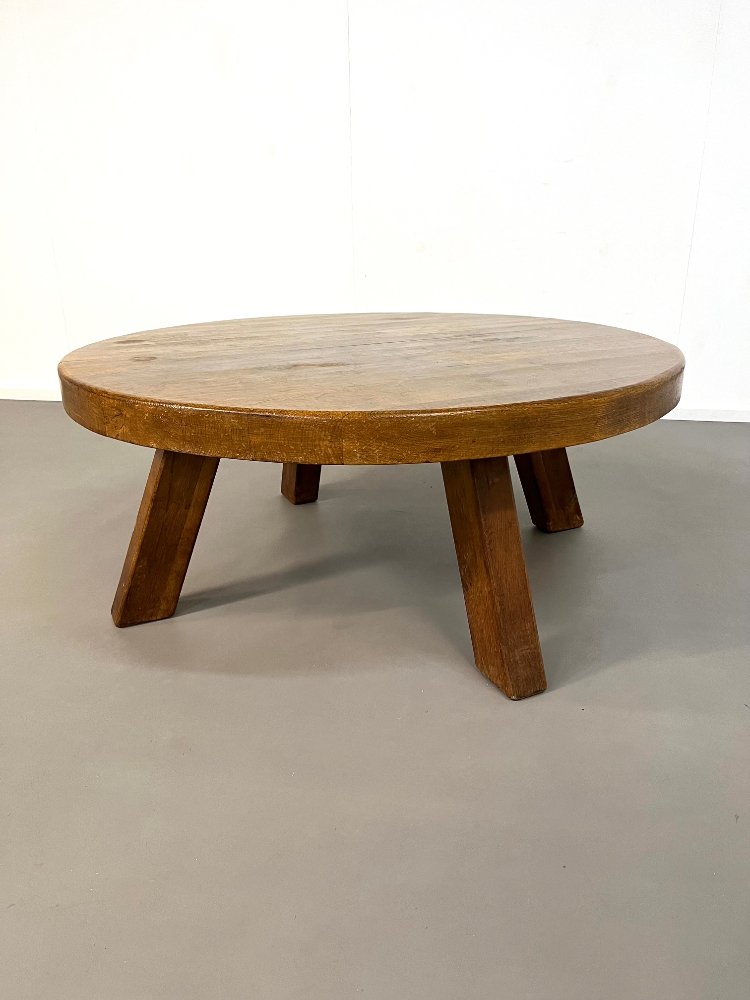 French Brutalist solid oak coffee table 1960s